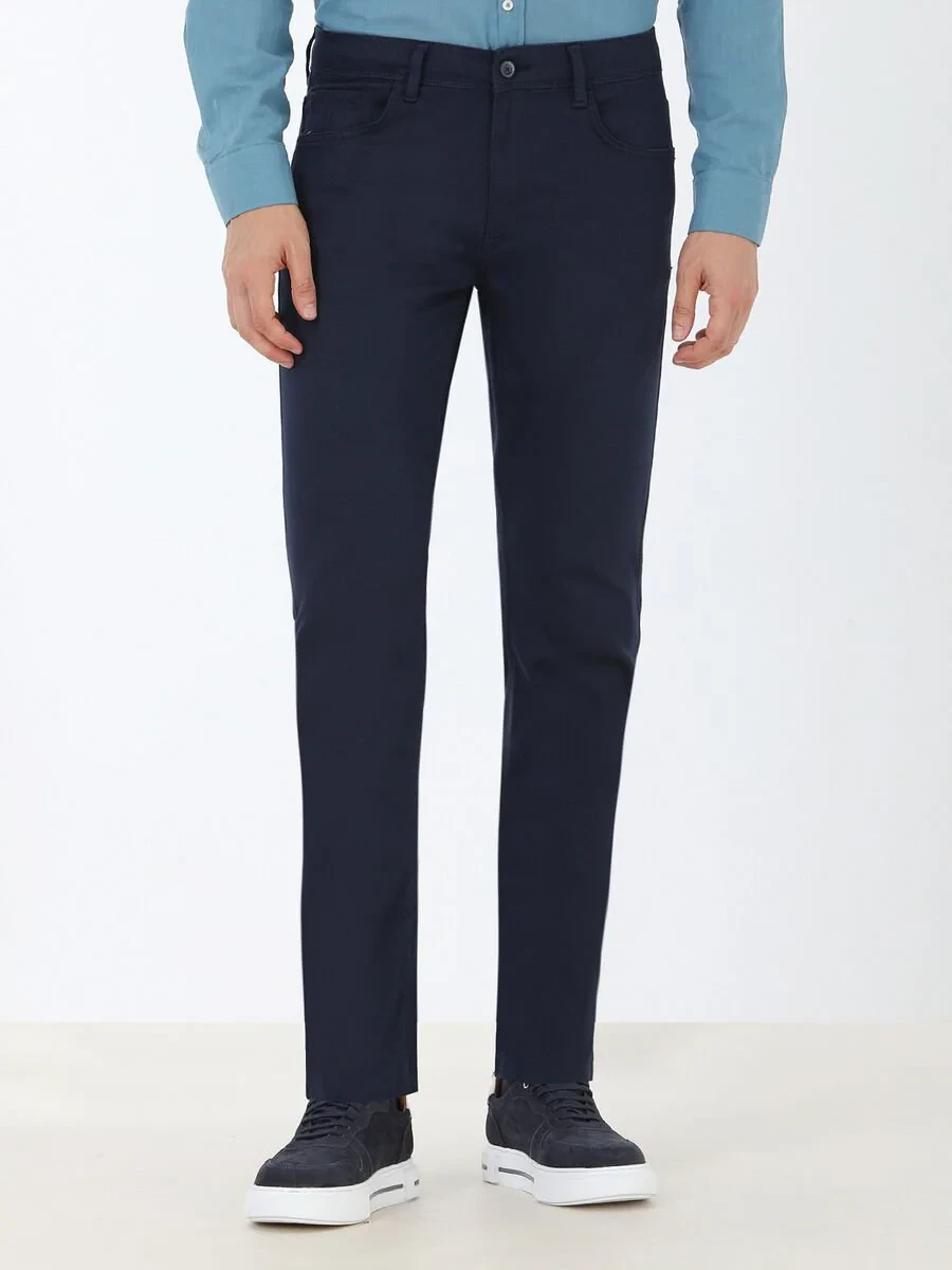 Navy Blue Weaving Slim Fit Casual Cotton Blended Trousers - 1