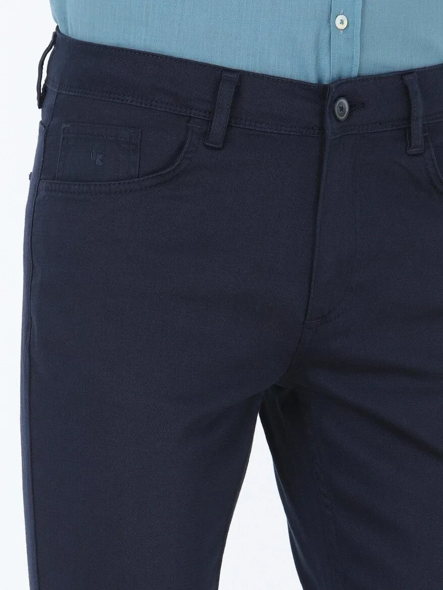 Navy Blue Weaving Slim Fit Casual Cotton Blended Trousers - 3