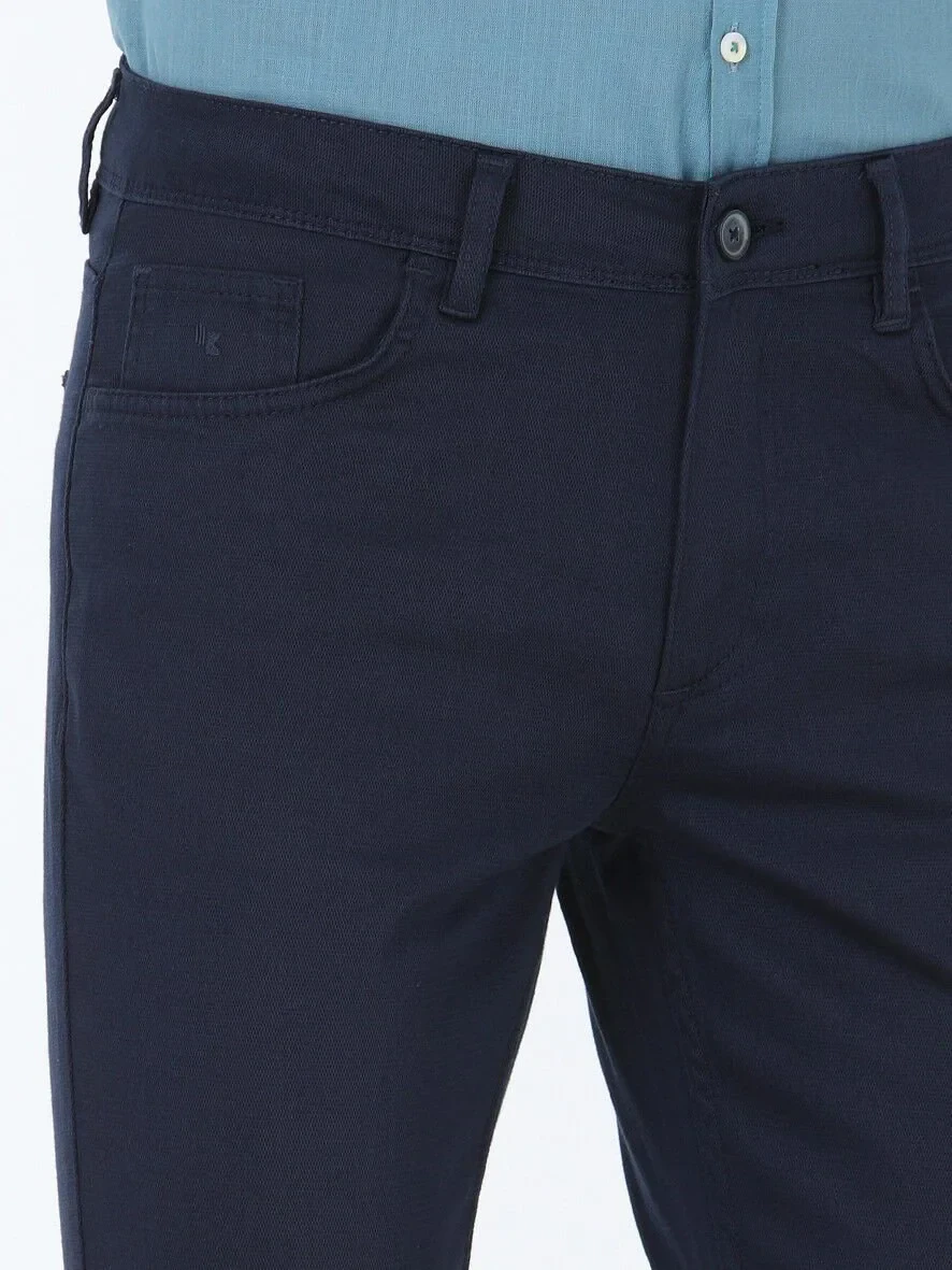 Navy Blue Weaving Slim Fit Casual Cotton Blended Trousers - 3