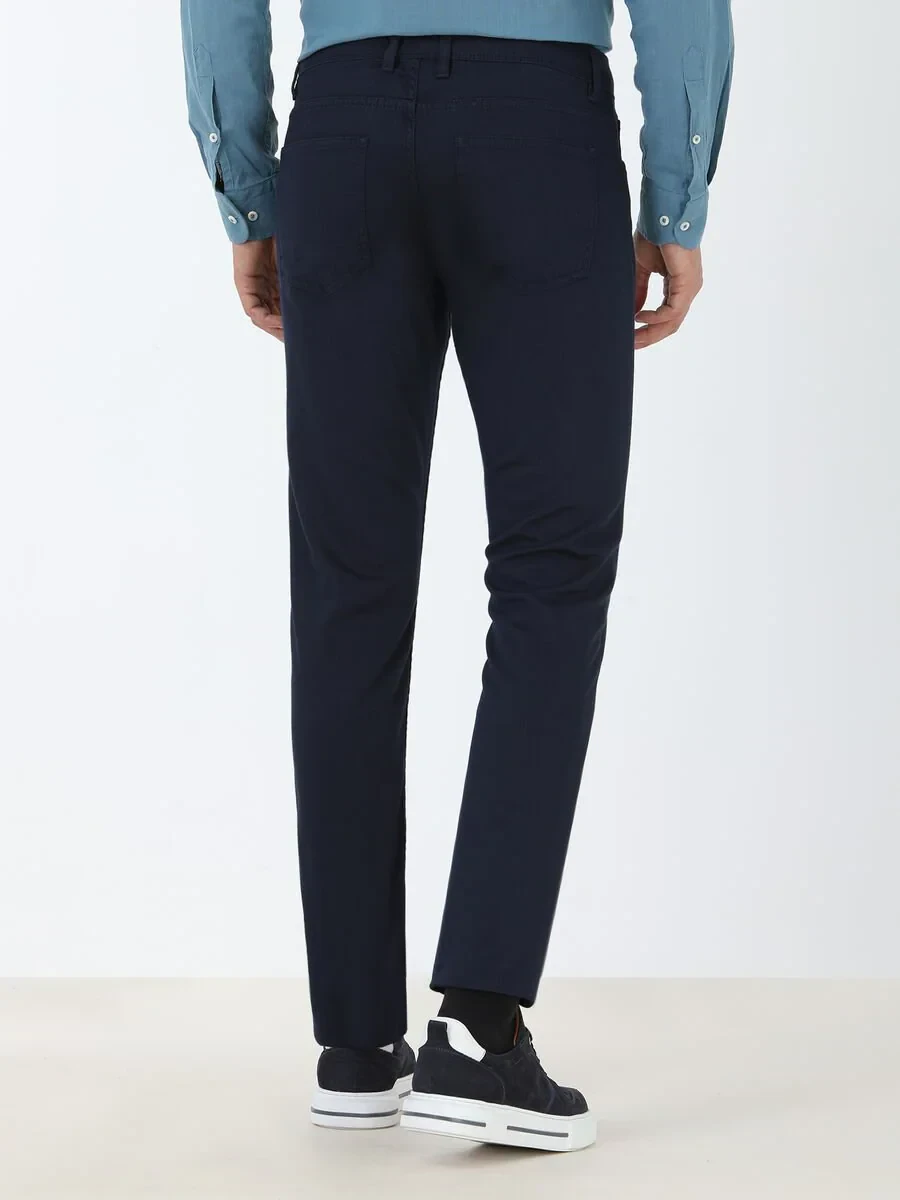 Navy Blue Weaving Slim Fit Casual Cotton Blended Trousers - 4