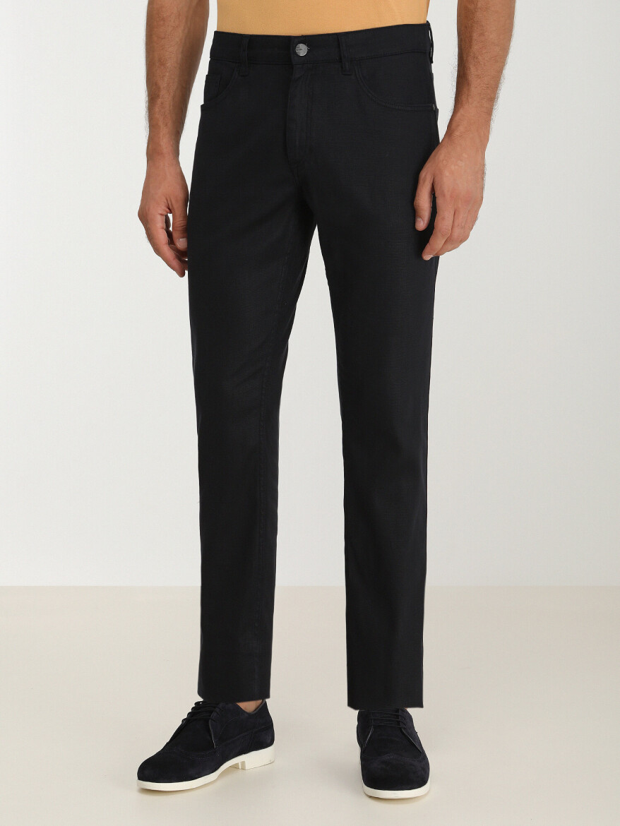 Navy Blue Weaving Slim Fit Casual Cotton Blended Trousers - KİP