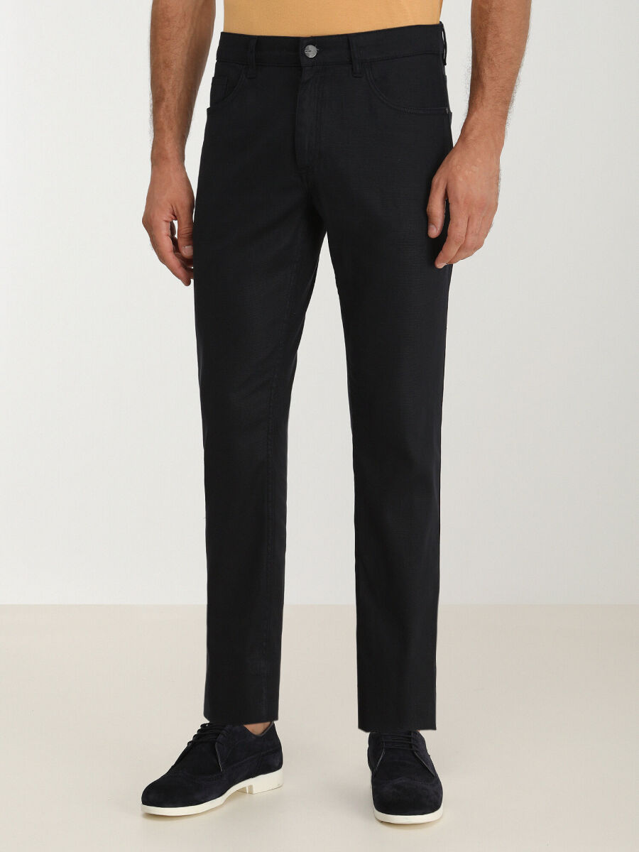 Navy Blue Weaving Slim Fit Casual Cotton Blended Trousers - 1
