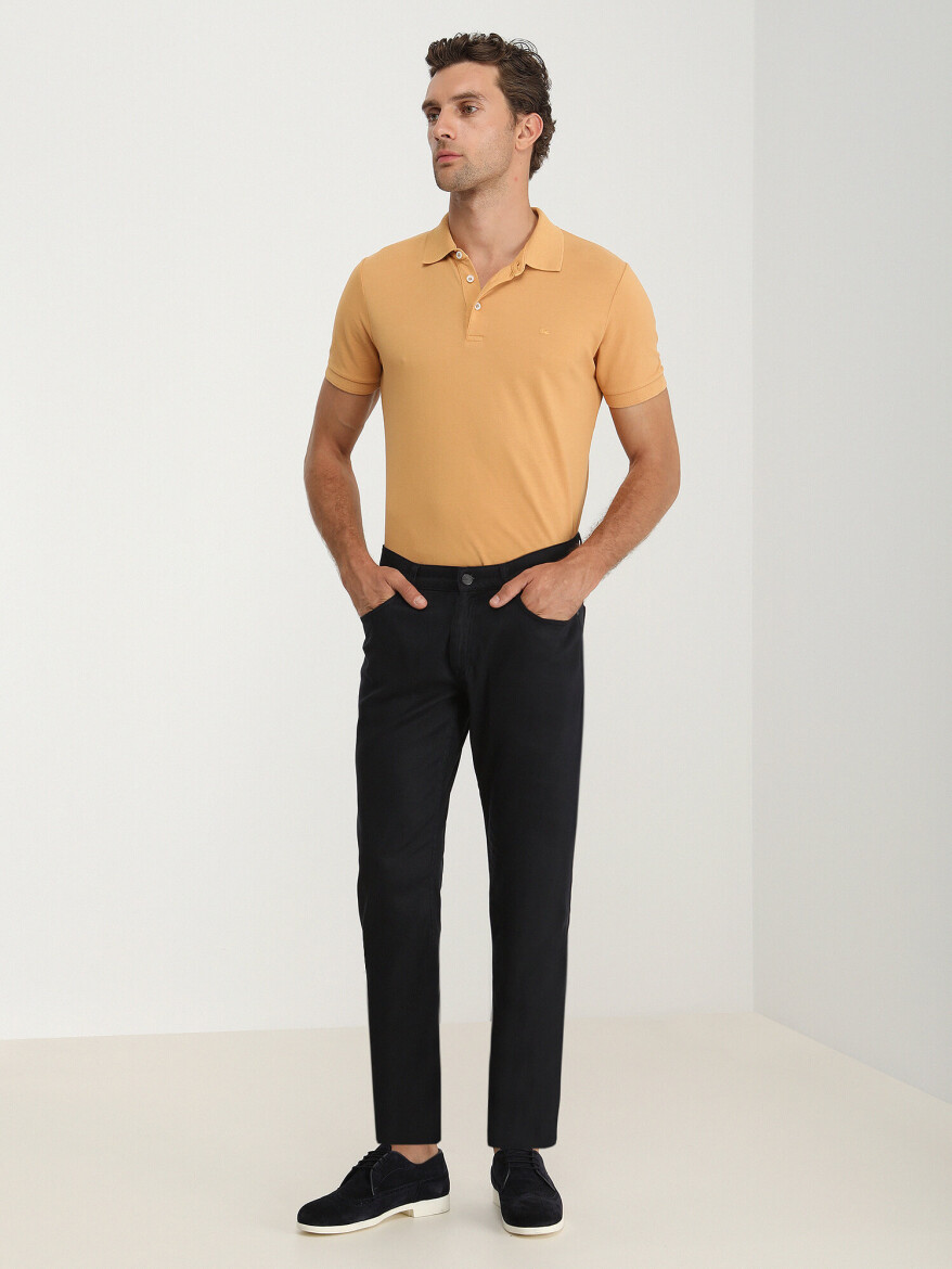 Navy Blue Weaving Slim Fit Casual Cotton Blended Trousers - KİP