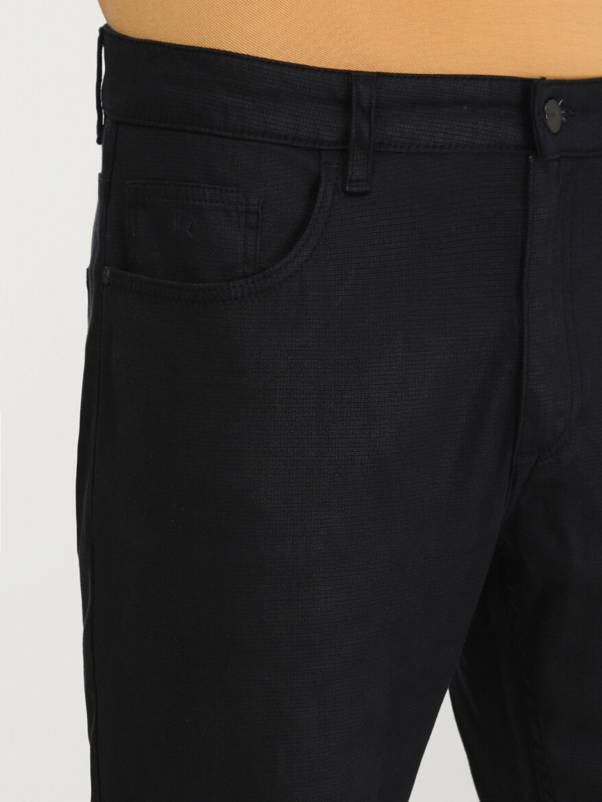 Navy Blue Weaving Slim Fit Casual Cotton Blended Trousers - 3