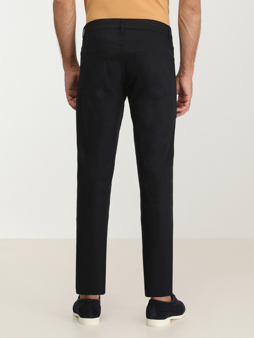 Navy Blue Weaving Slim Fit Casual Cotton Blended Trousers - 4