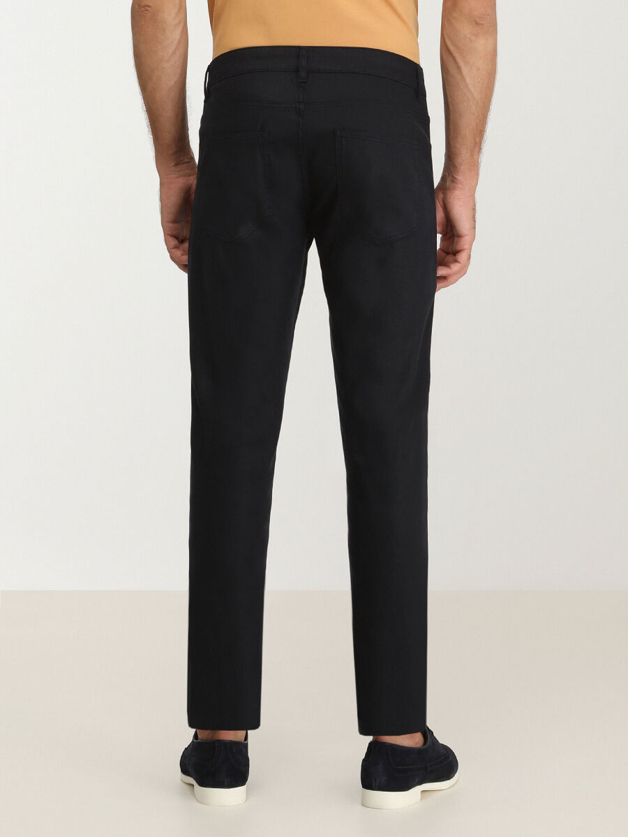 Navy Blue Weaving Slim Fit Casual Cotton Blended Trousers - 4
