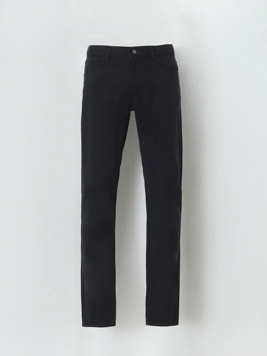 Navy Blue Weaving Slim Fit Casual Cotton Blended Trousers - 5