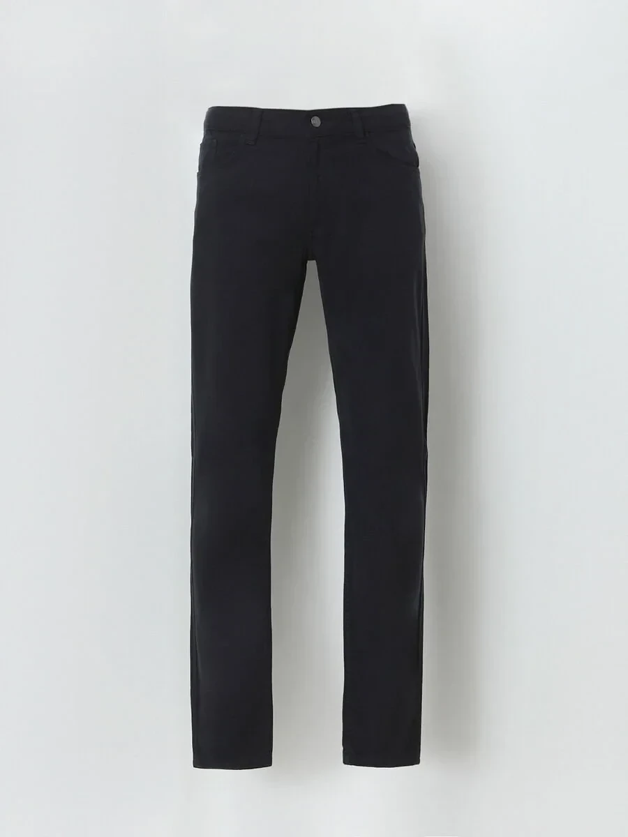 Navy Blue Weaving Slim Fit Casual Cotton Blended Trousers - 5