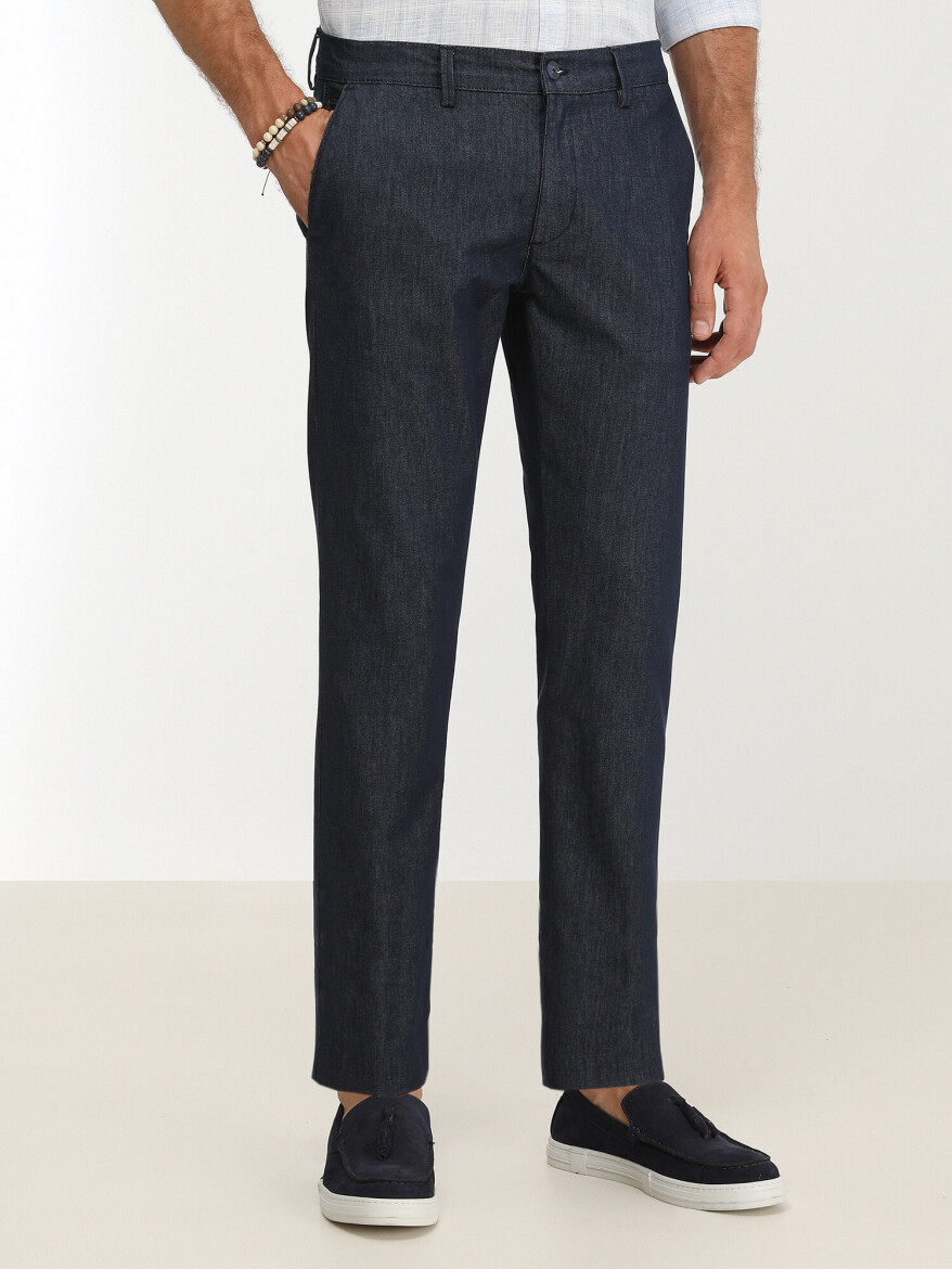 Navy Blue Weaving Slim Fit Casual Cotton Blended Trousers - 1
