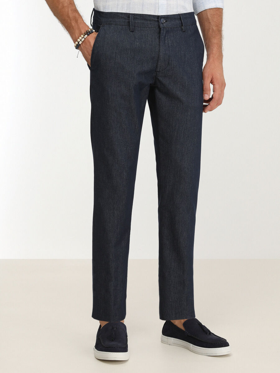 Navy Blue Weaving Slim Fit Casual Cotton Blended Trousers - 1