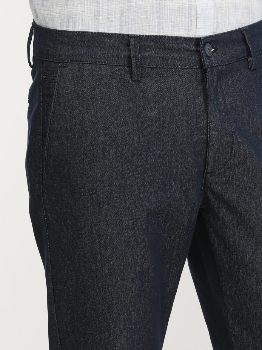 Navy Blue Weaving Slim Fit Casual Cotton Blended Trousers - 3