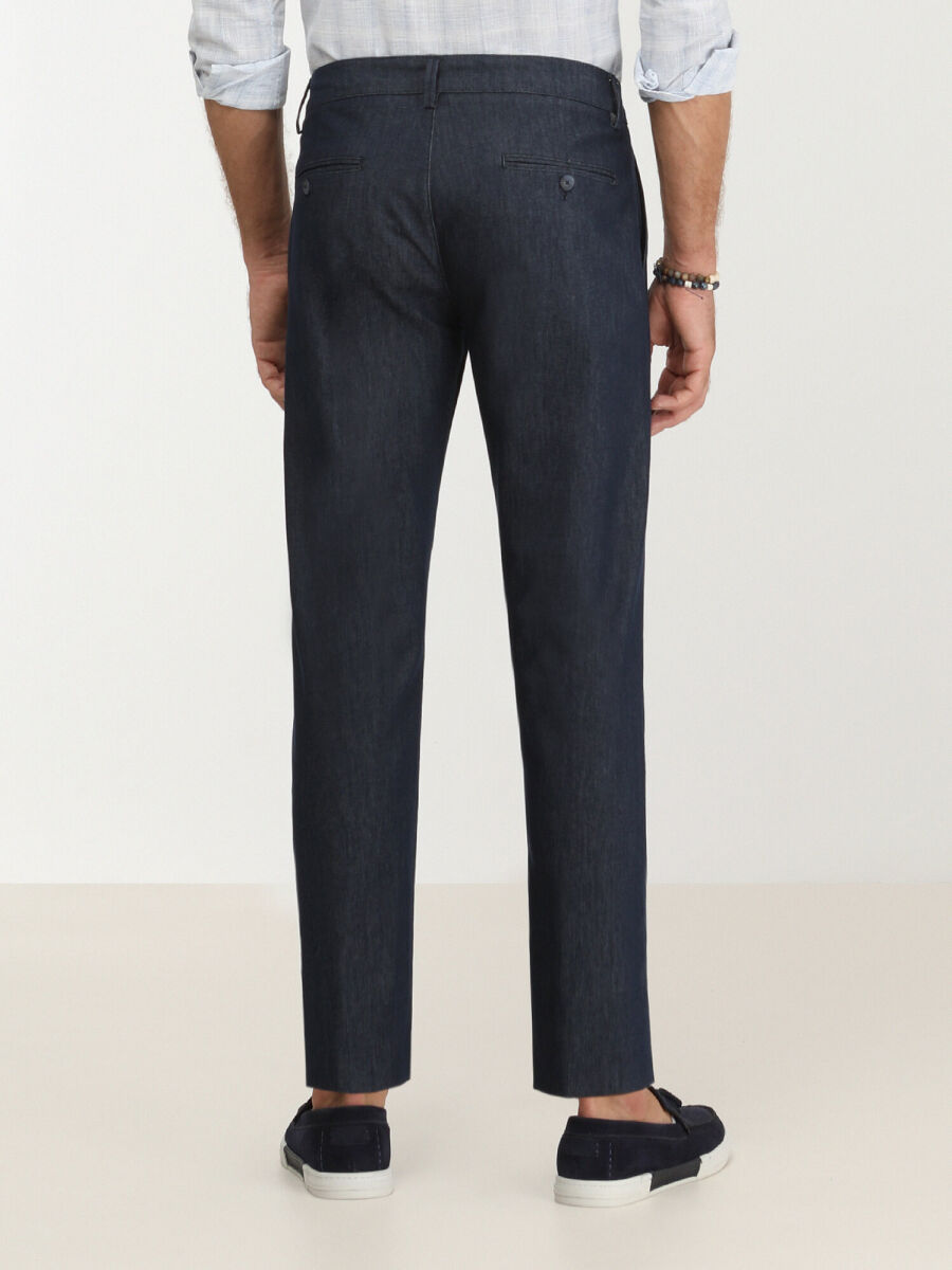 Navy Blue Weaving Slim Fit Casual Cotton Blended Trousers - 4