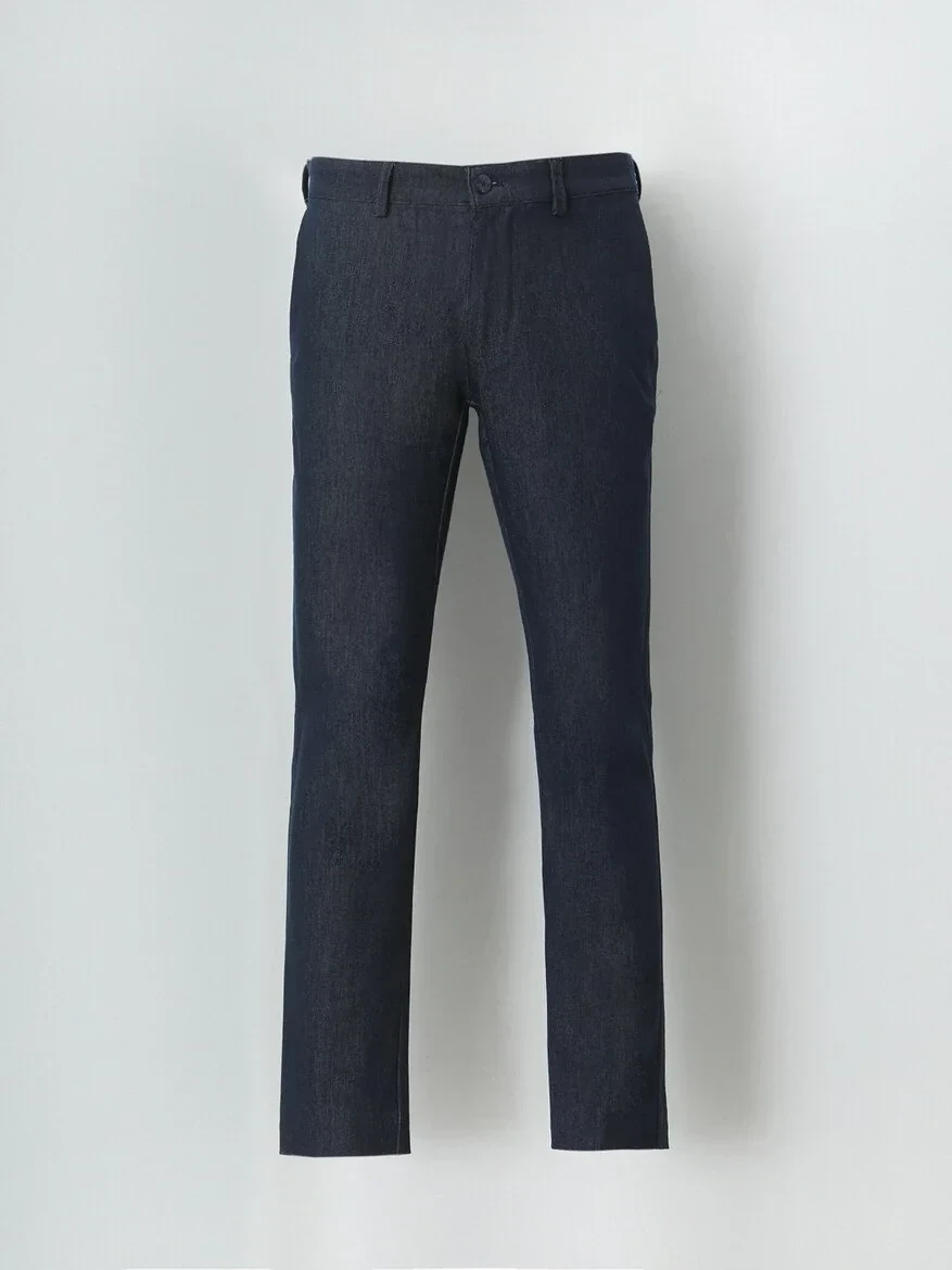 Navy Blue Weaving Slim Fit Casual Cotton Blended Trousers - 5