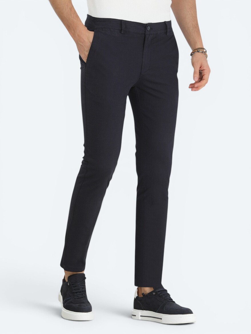 Navy Blue Weaving Slim Fit Casual Cotton Blended Trousers - 2