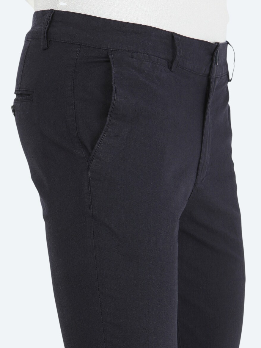 Navy Blue Weaving Slim Fit Casual Cotton Blended Trousers - 3