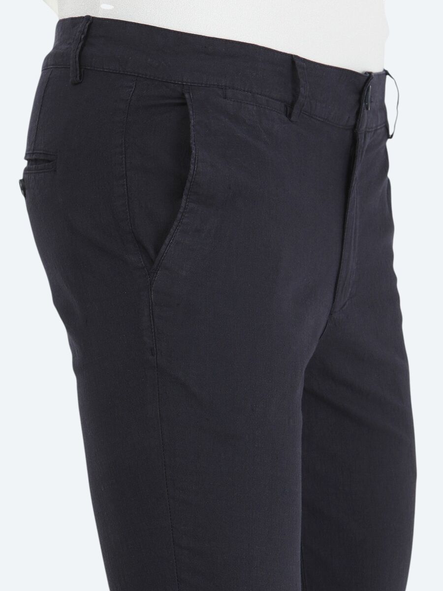 Navy Blue Weaving Slim Fit Casual Cotton Blended Trousers - 3