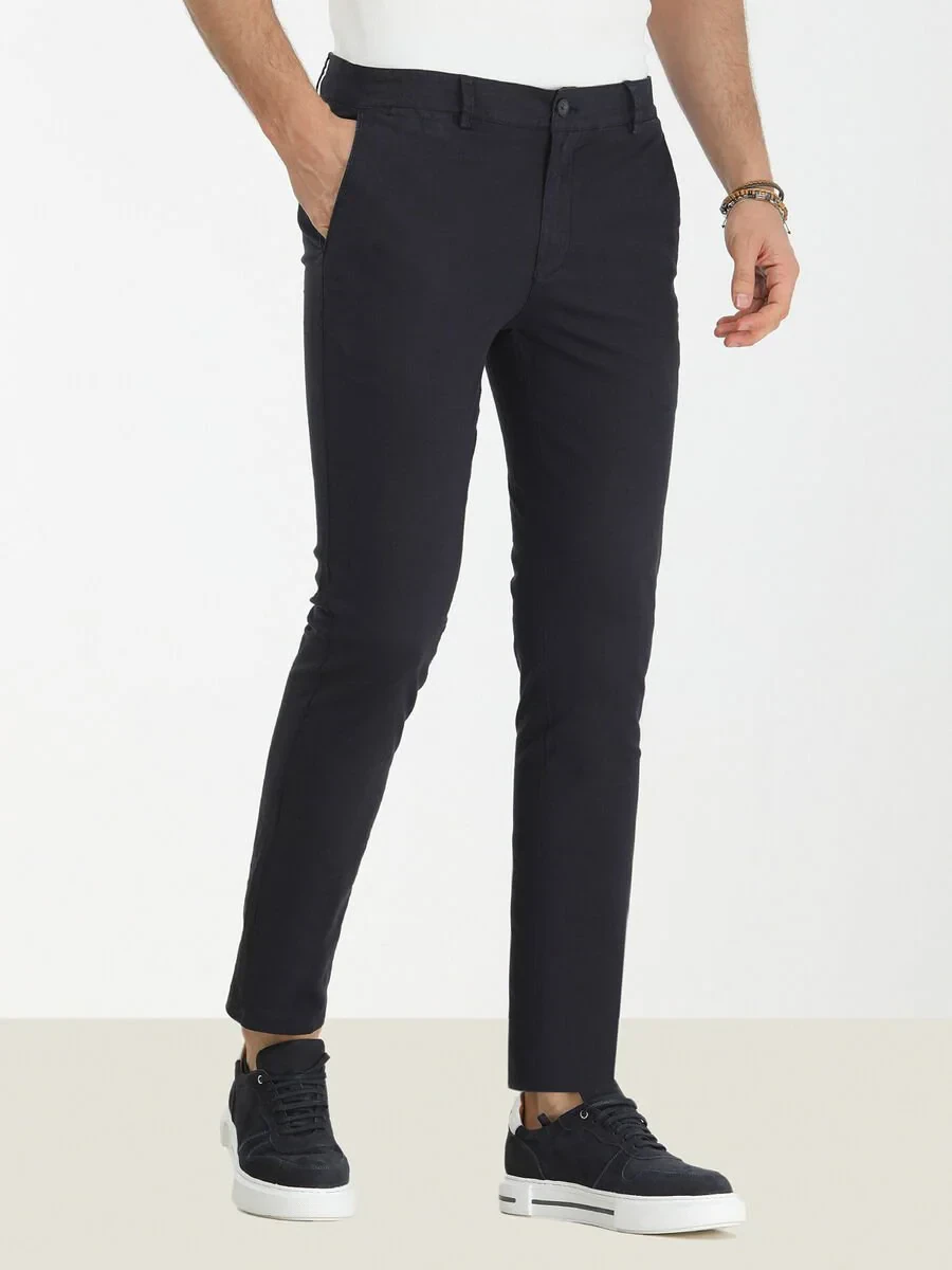 Navy Blue Weaving Slim Fit Casual Cotton Blended Trousers - 1