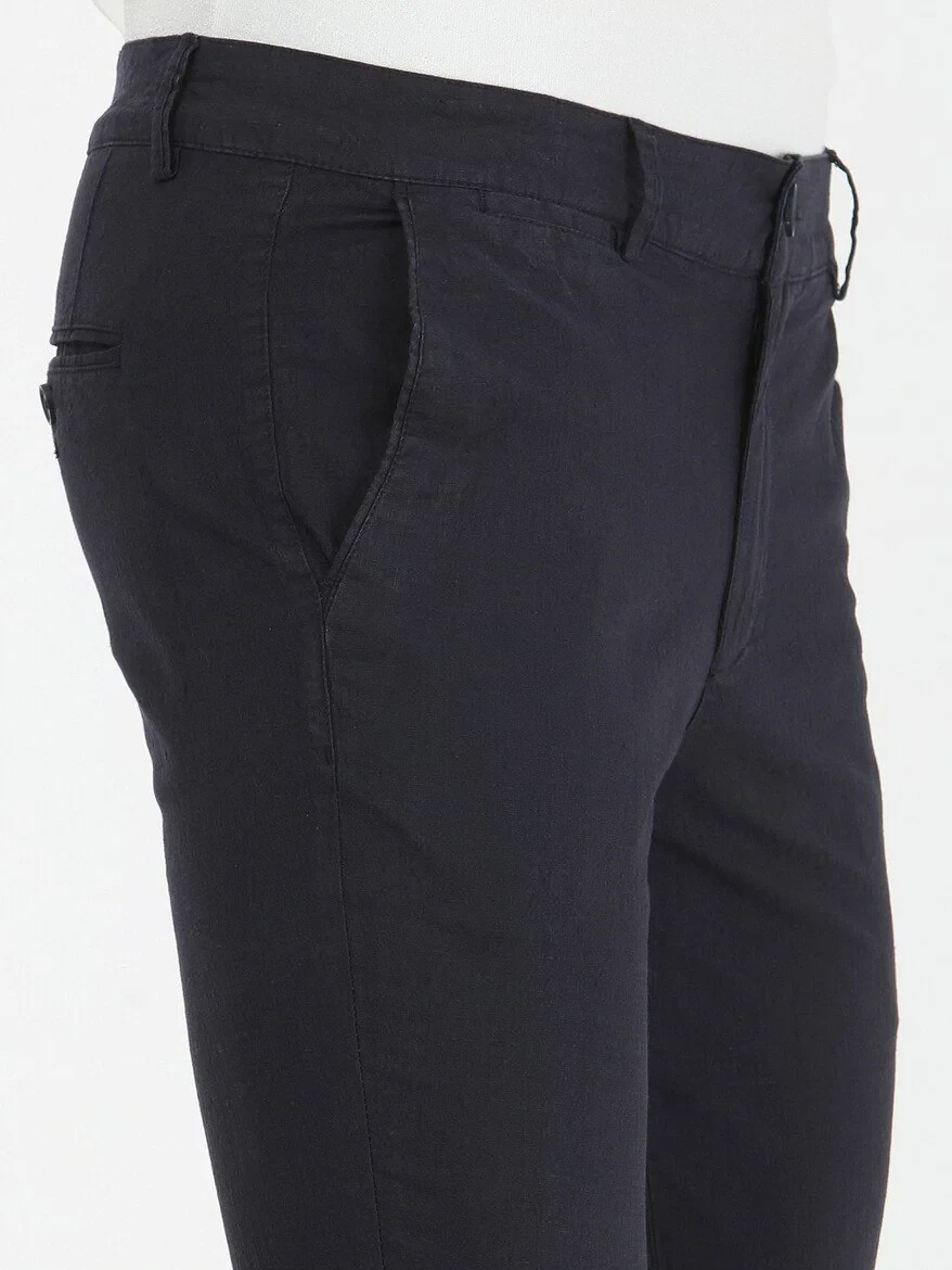 Navy Blue Weaving Slim Fit Casual Cotton Blended Trousers - 3