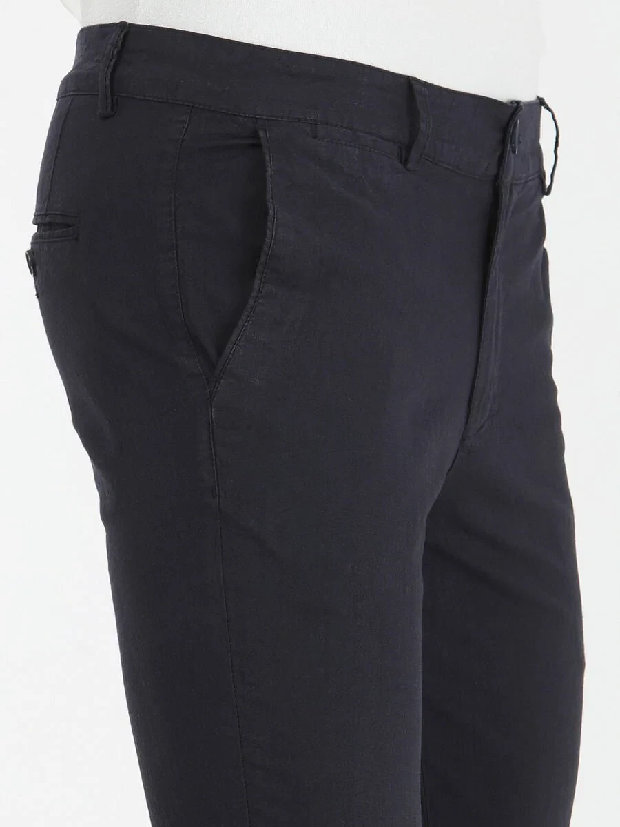 Navy Blue Weaving Slim Fit Casual Cotton Blended Trousers - 3