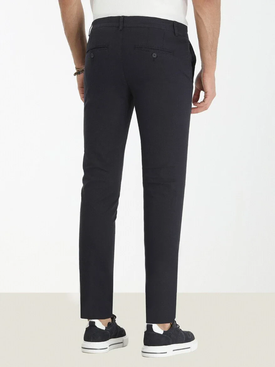 Navy Blue Weaving Slim Fit Casual Cotton Blended Trousers 