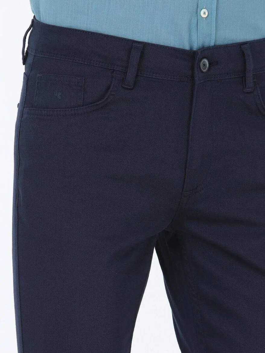 Navy Blue Weaving Slim Fit Casual Cotton Blended Trousers - 3