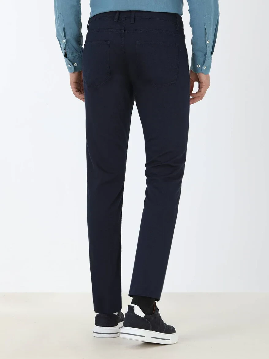 Navy Blue Weaving Slim Fit Casual Cotton Blended Trousers 