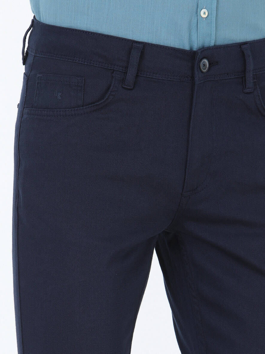 Navy Blue Weaving Slim Fit Casual Cotton Blended Trousers - 3