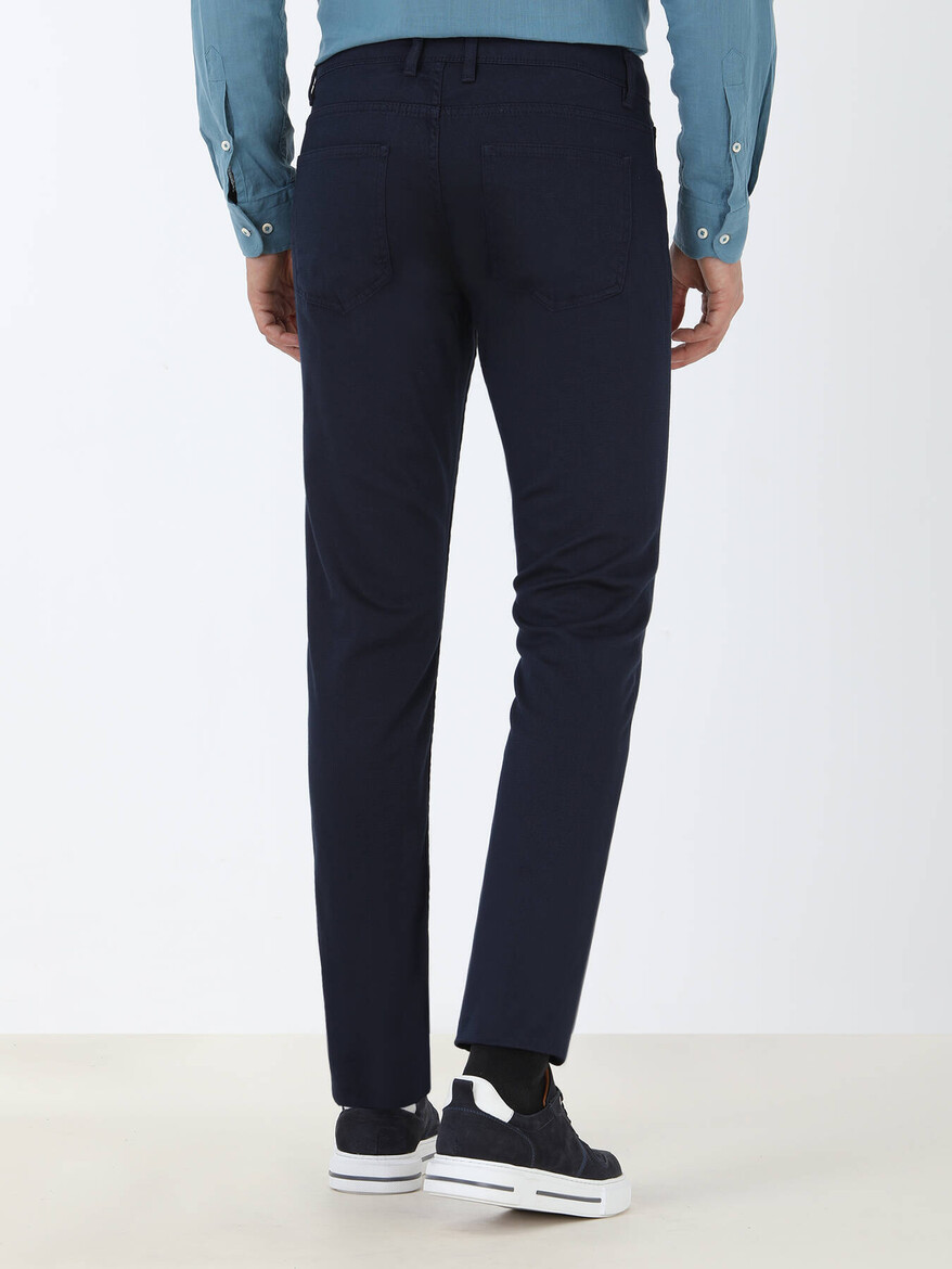 Navy Blue Weaving Slim Fit Casual Cotton Blended Trousers - 4