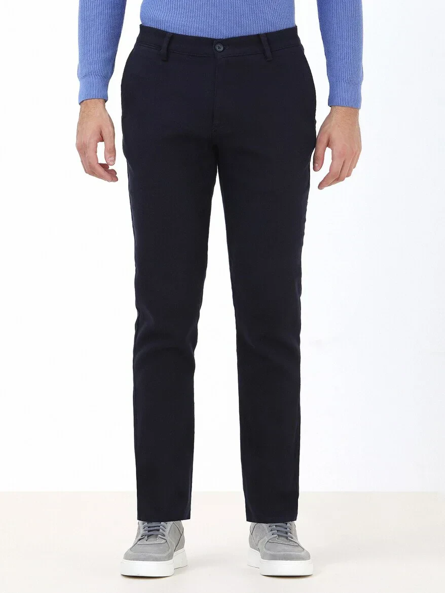 Navy Blue Weaving Slim Fit Casual Cotton Blended Trousers - KİP