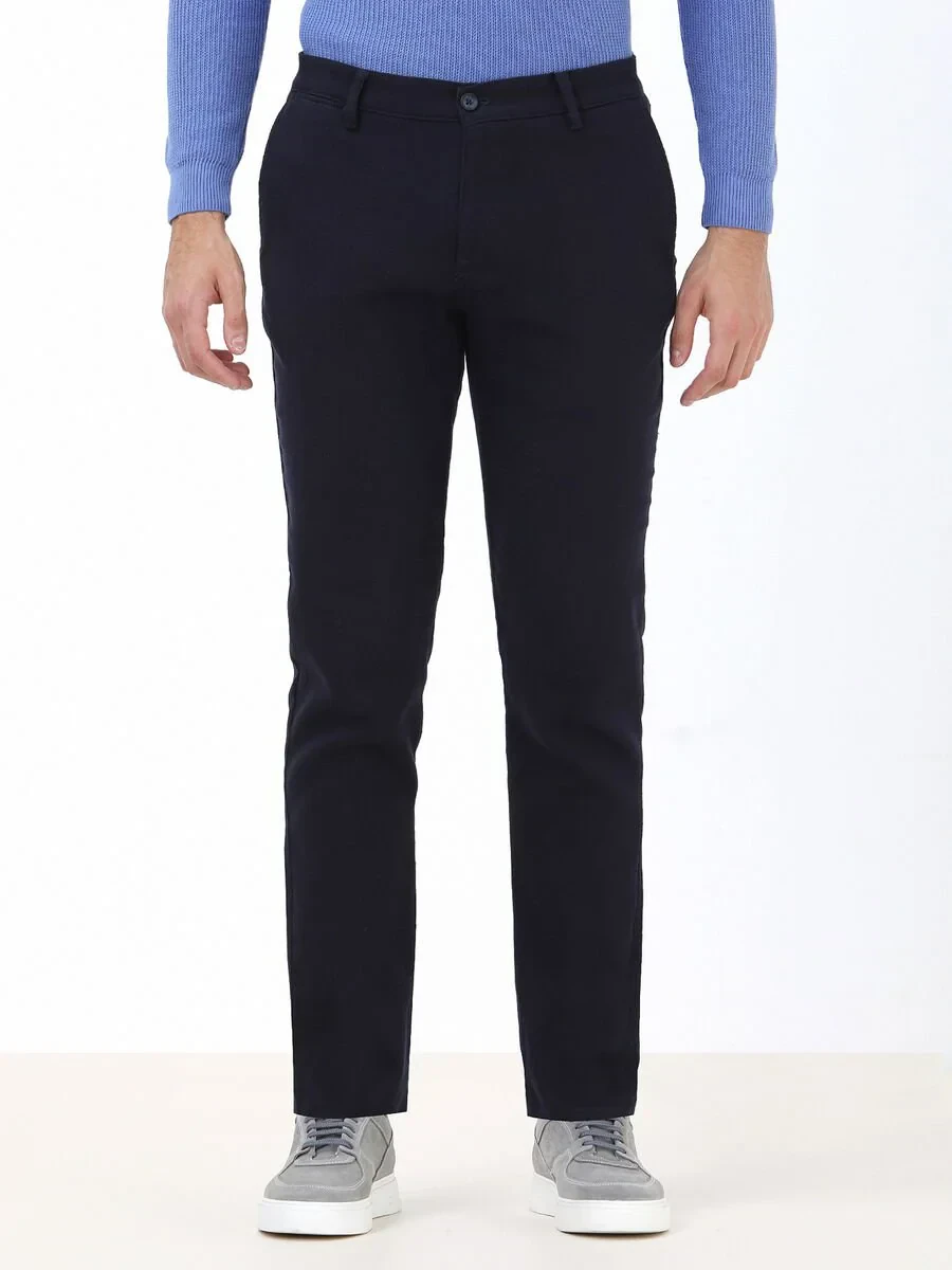 Navy Blue Weaving Slim Fit Casual Cotton Blended Trousers - 1