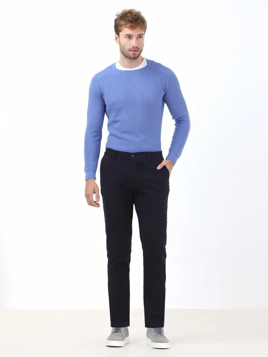 Navy Blue Weaving Slim Fit Casual Cotton Blended Trousers - KİP