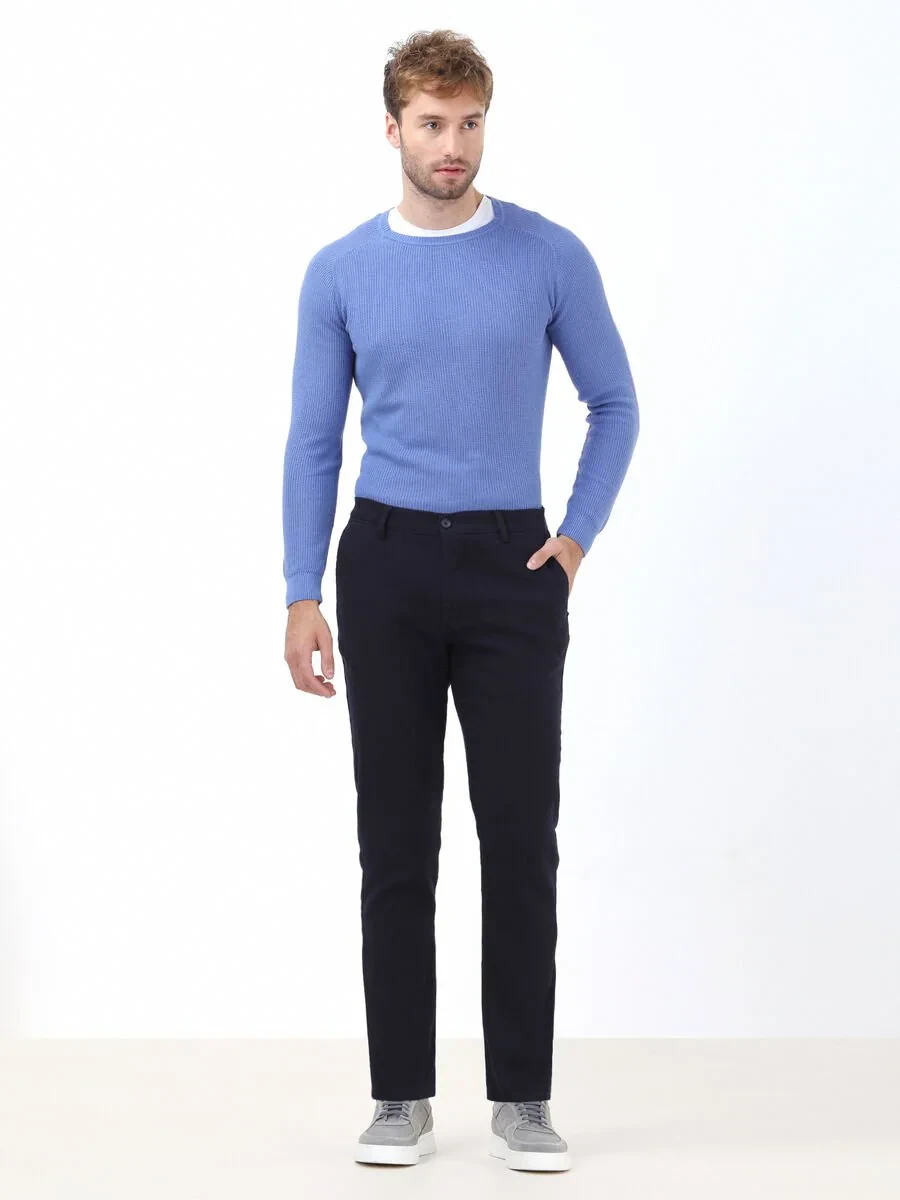 Navy Blue Weaving Slim Fit Casual Cotton Blended Trousers - 2