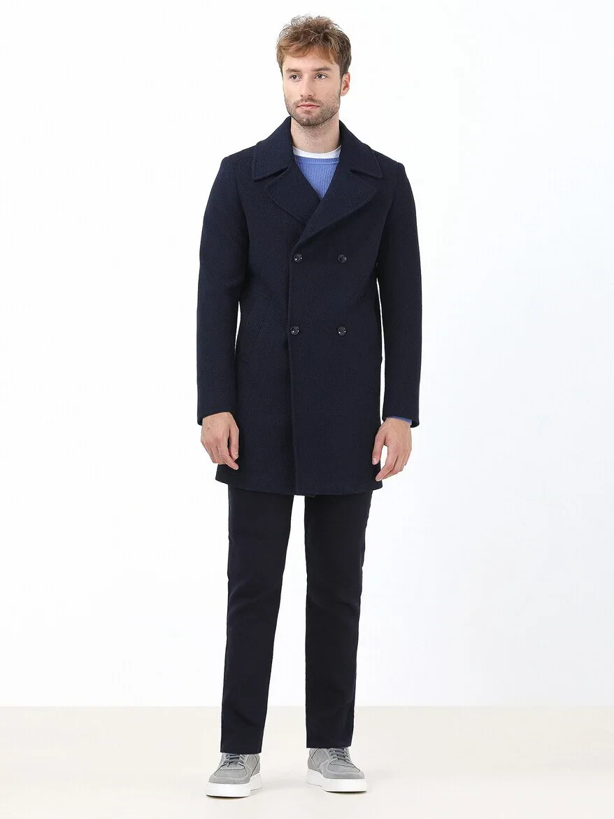 Navy Blue Weaving Slim Fit Casual Cotton Blended Trousers - KİP