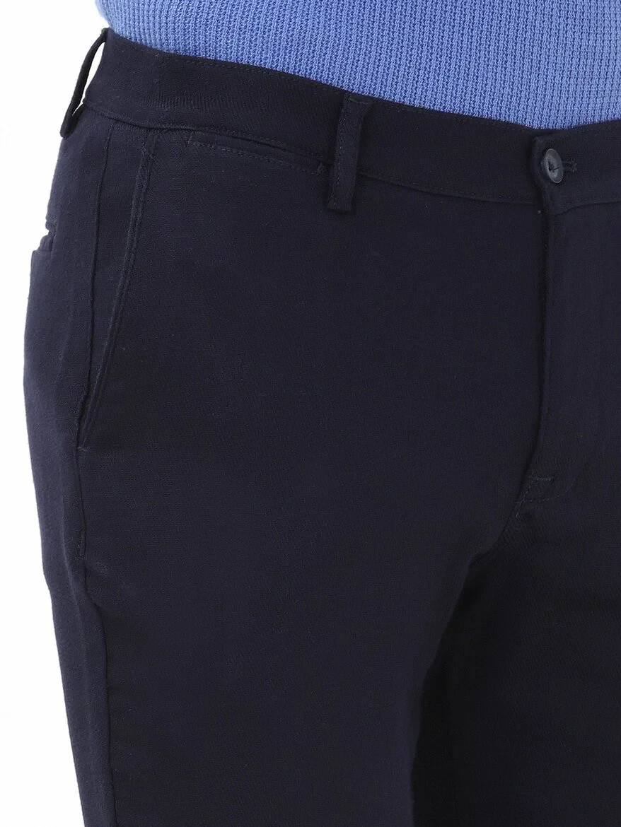 Navy Blue Weaving Slim Fit Casual Cotton Blended Trousers - KİP