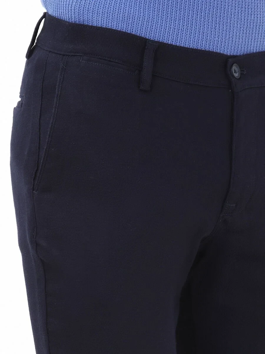 Navy Blue Weaving Slim Fit Casual Cotton Blended Trousers - 4