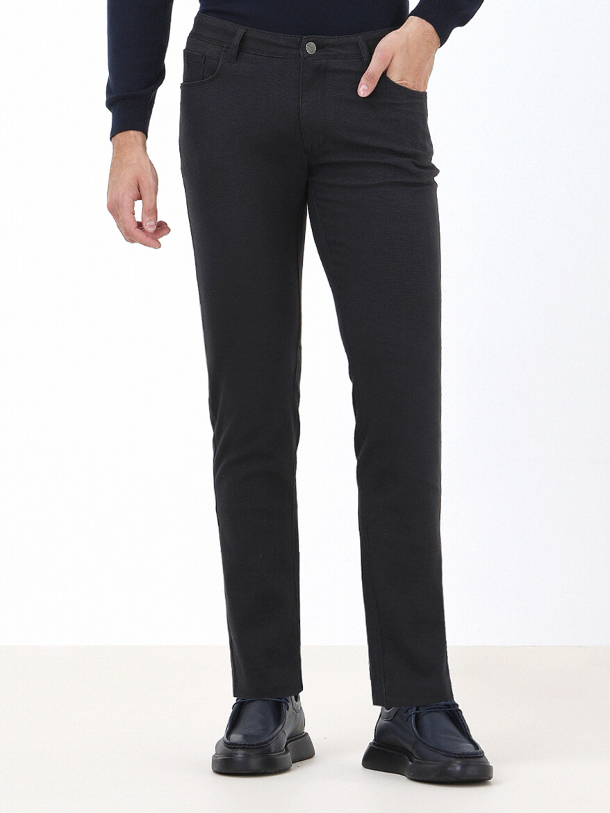 Navy Blue Weaving Slim Fit Casual Cotton Blended Trousers - 1