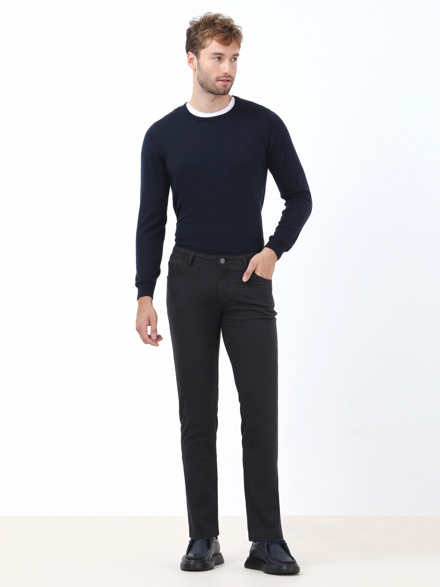 Navy Blue Weaving Slim Fit Casual Cotton Blended Trousers - 2