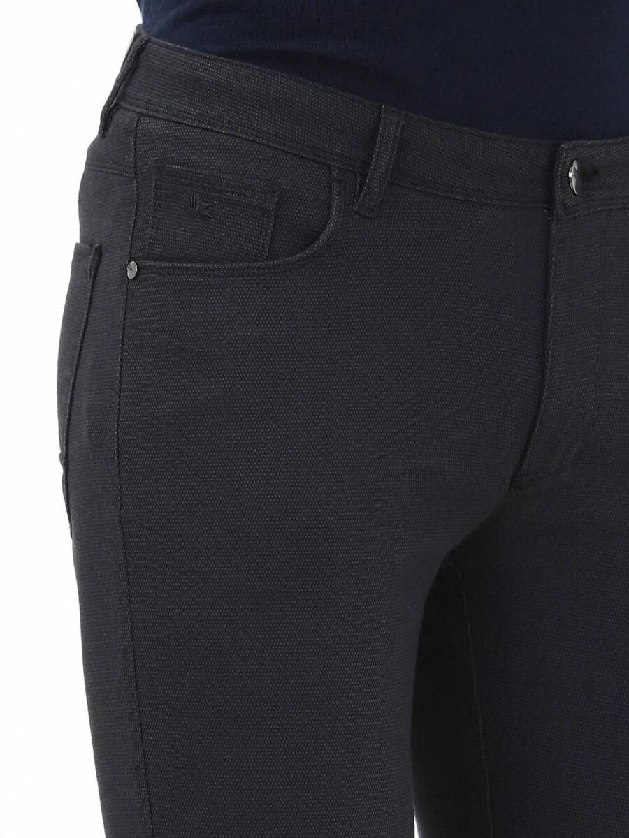 Navy Blue Weaving Slim Fit Casual Cotton Blended Trousers - 2