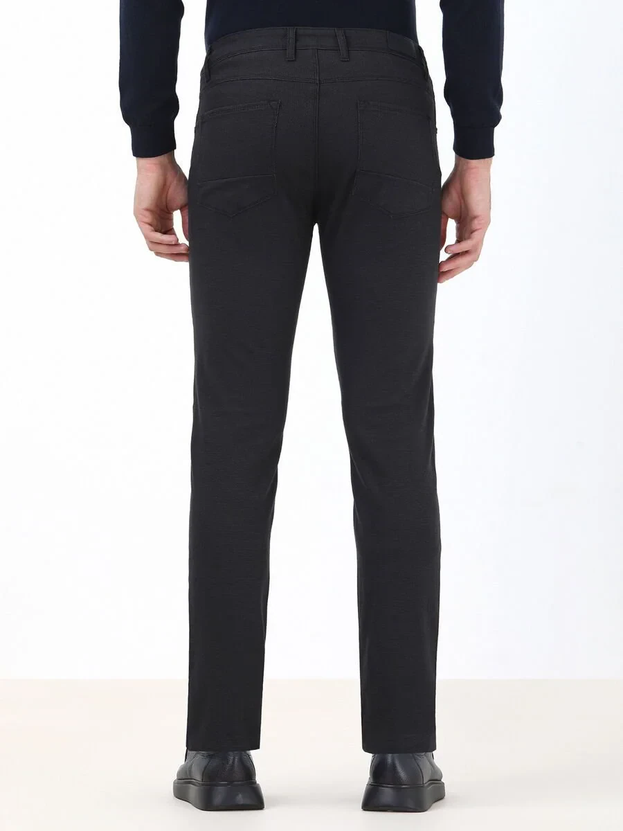 Navy Blue Weaving Slim Fit Casual Cotton Blended Trousers - 4
