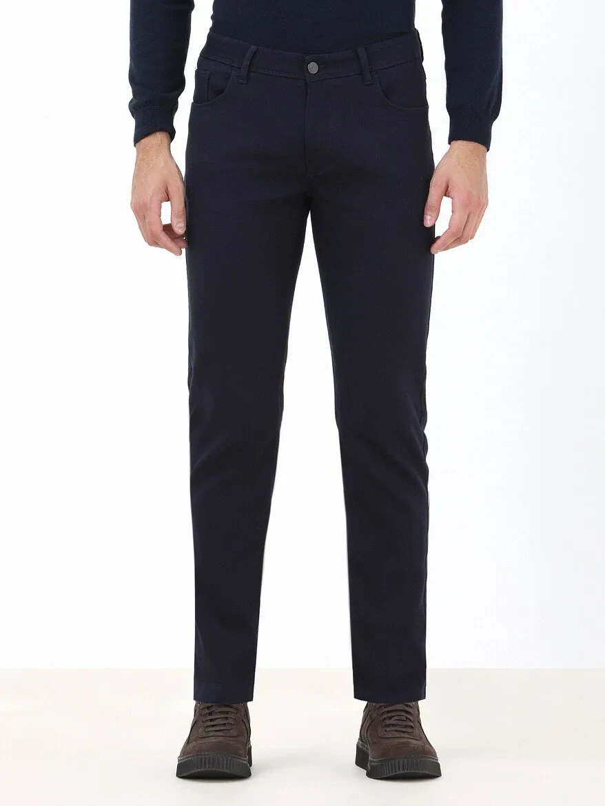 Navy Blue Weaving Slim Fit Casual Cotton Blended Trousers - 1
