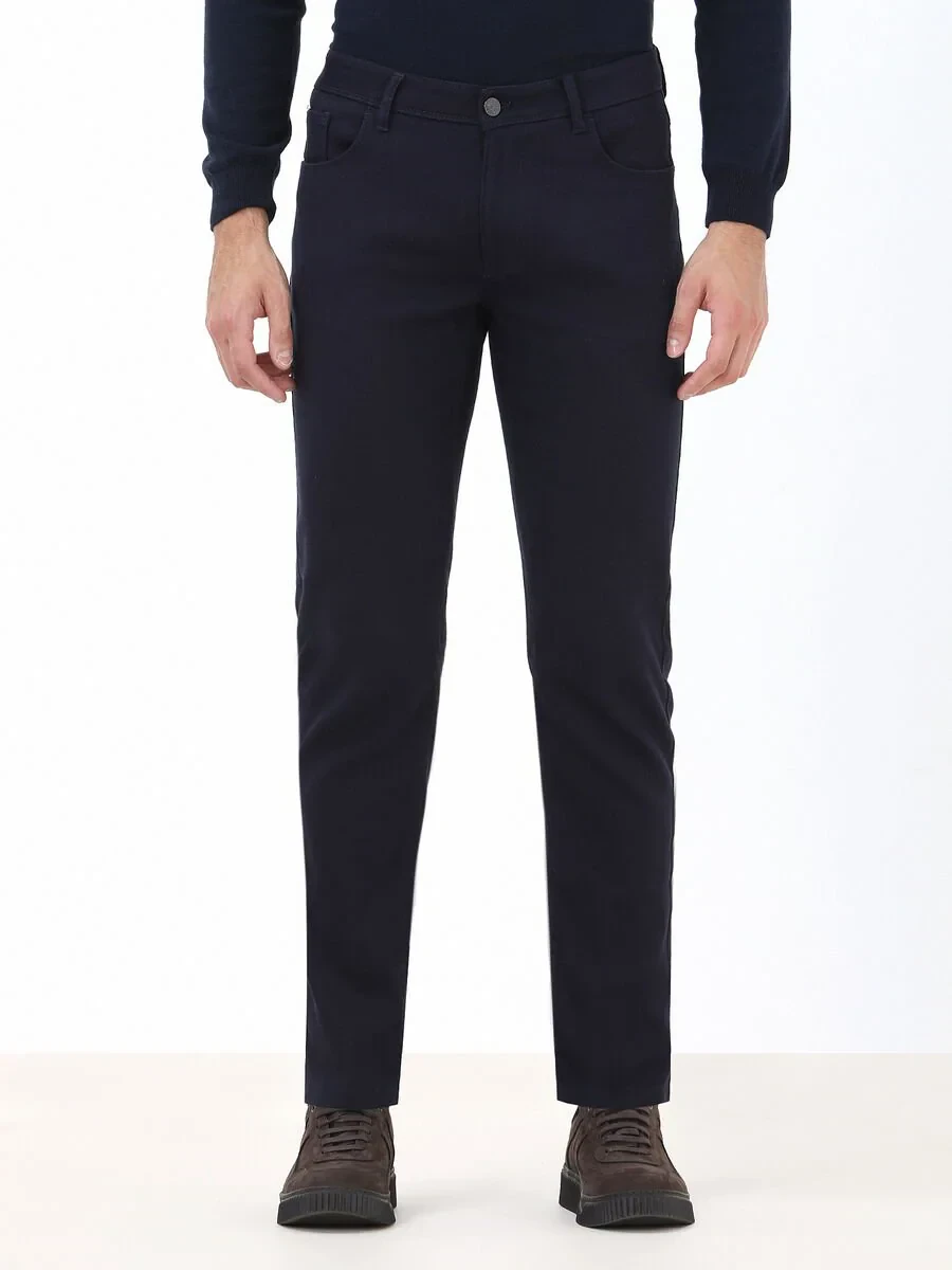 Navy Blue Weaving Slim Fit Casual Cotton Blended Trousers - 1
