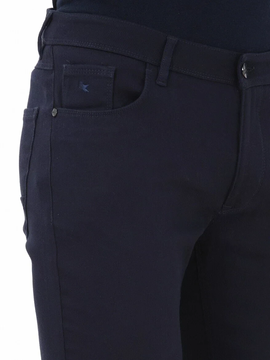 Navy Blue Weaving Slim Fit Casual Cotton Blended Trousers - 3