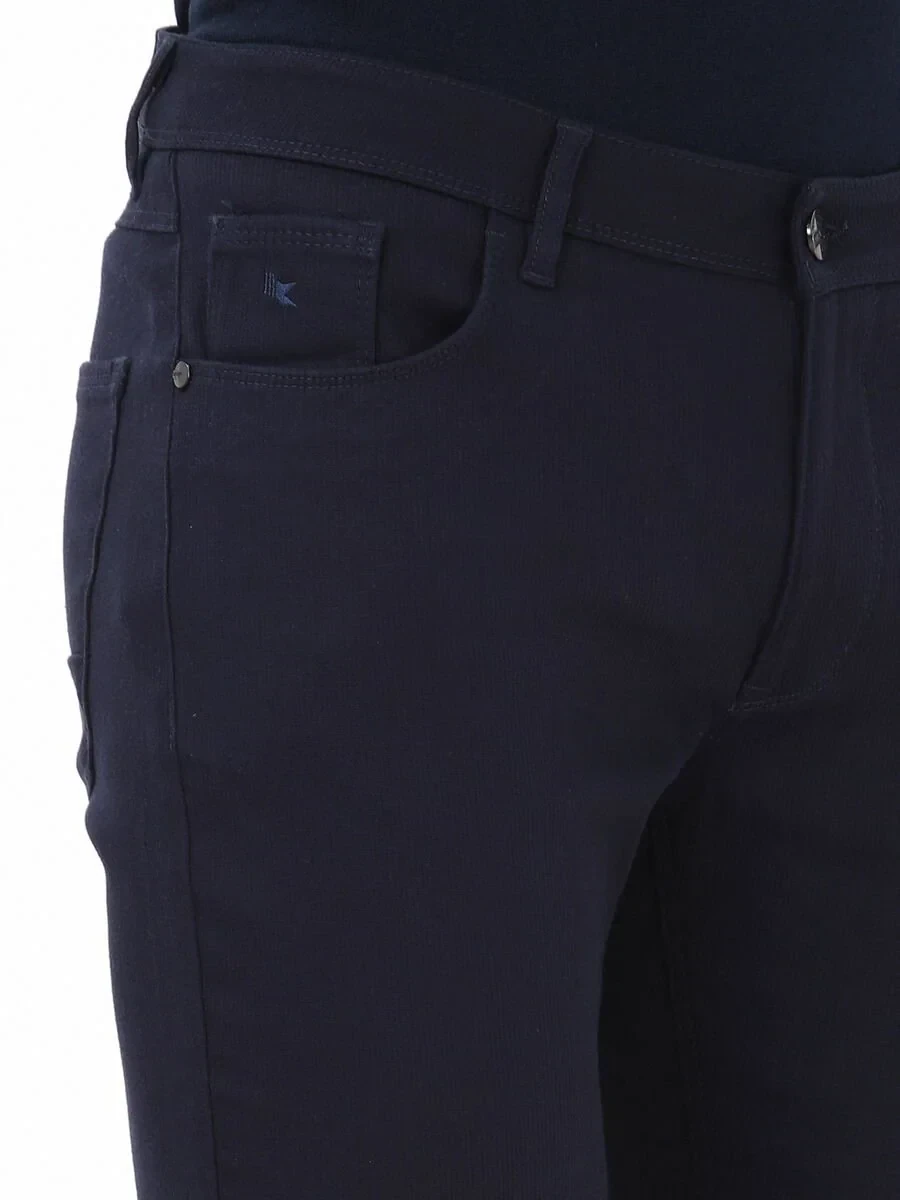 Navy Blue Weaving Slim Fit Casual Cotton Blended Trousers - 3