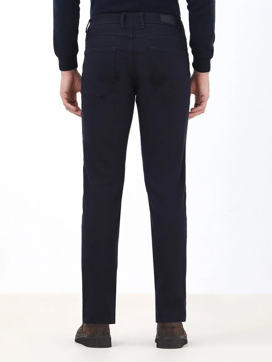 Navy Blue Weaving Slim Fit Casual Cotton Blended Trousers 