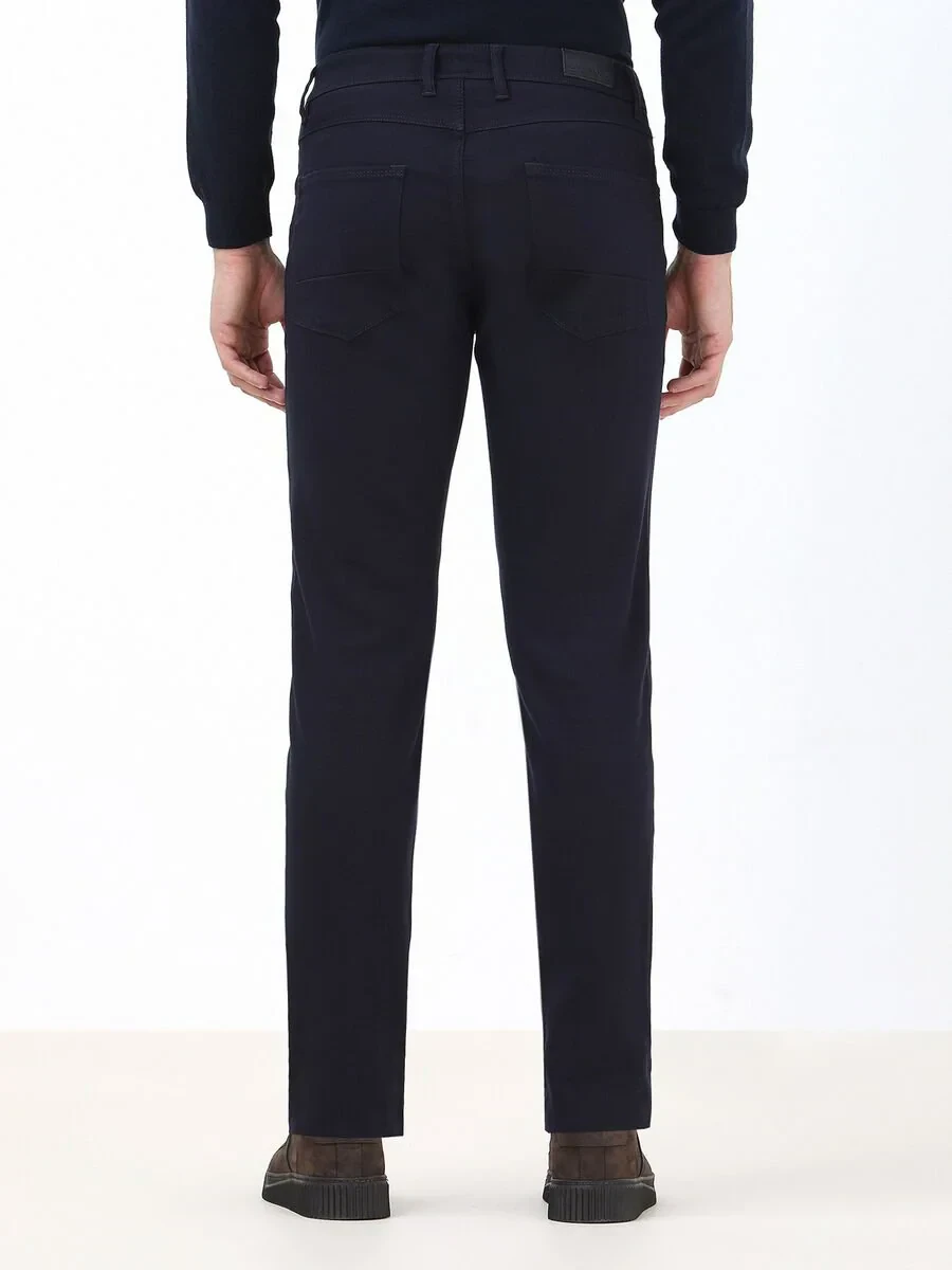 Navy Blue Weaving Slim Fit Casual Cotton Blended Trousers - 4
