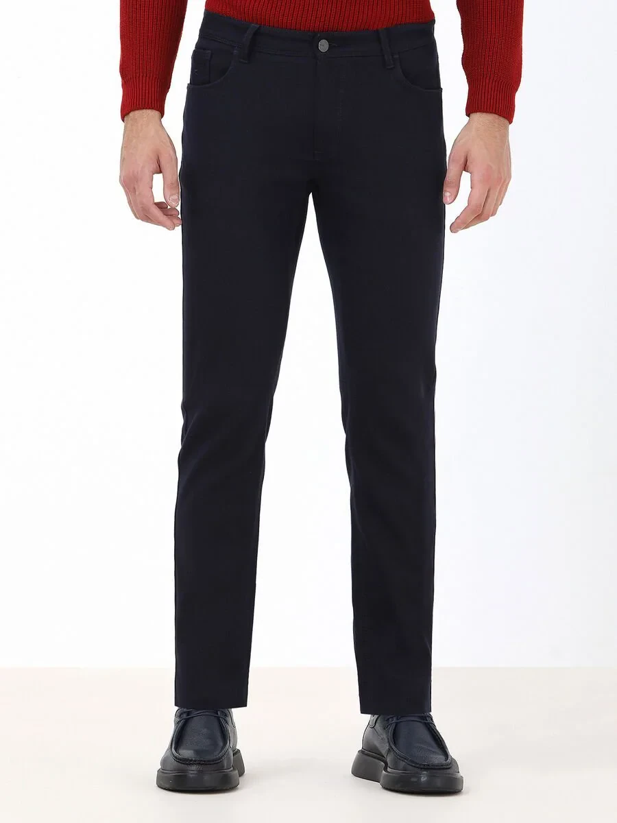 Navy Blue Weaving Slim Fit Casual Cotton Blended Trousers - 1