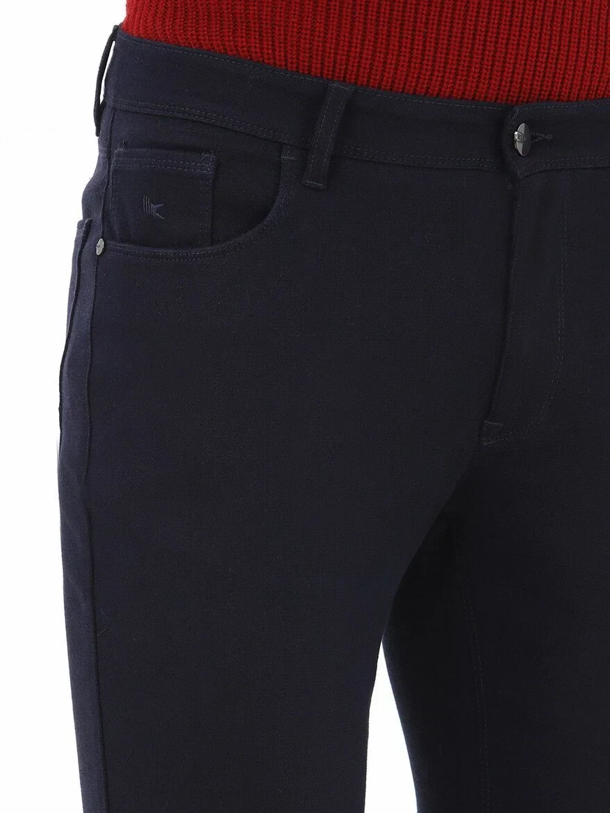 Navy Blue Weaving Slim Fit Casual Cotton Blended Trousers - 3