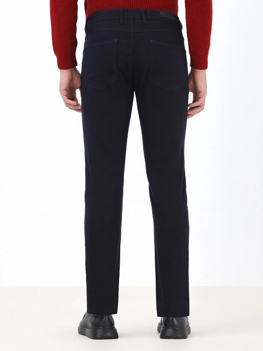 Navy Blue Weaving Slim Fit Casual Cotton Blended Trousers - 4