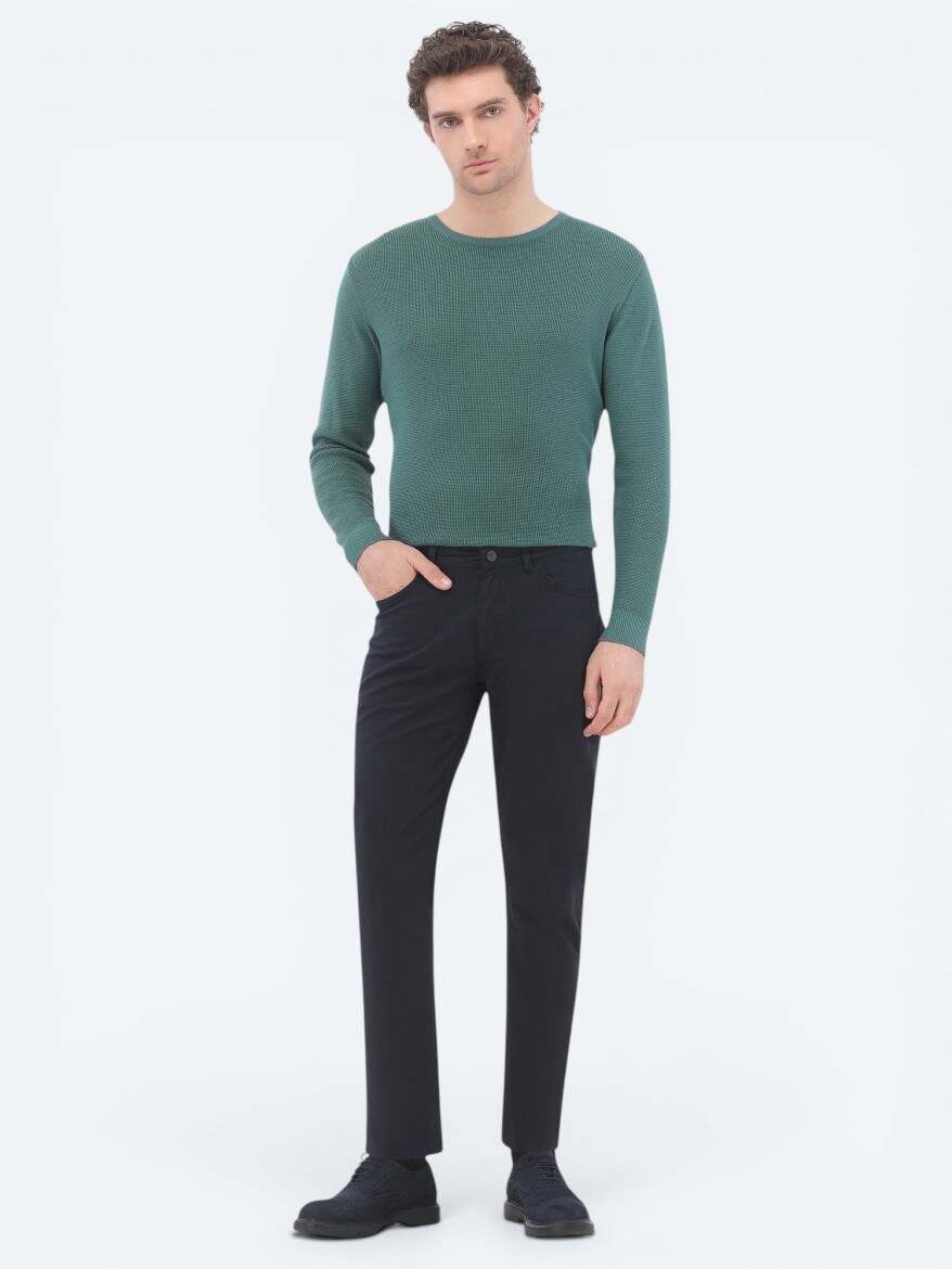 Navy Blue Weaving Slim Fit Casual Cotton Blended Trousers 
