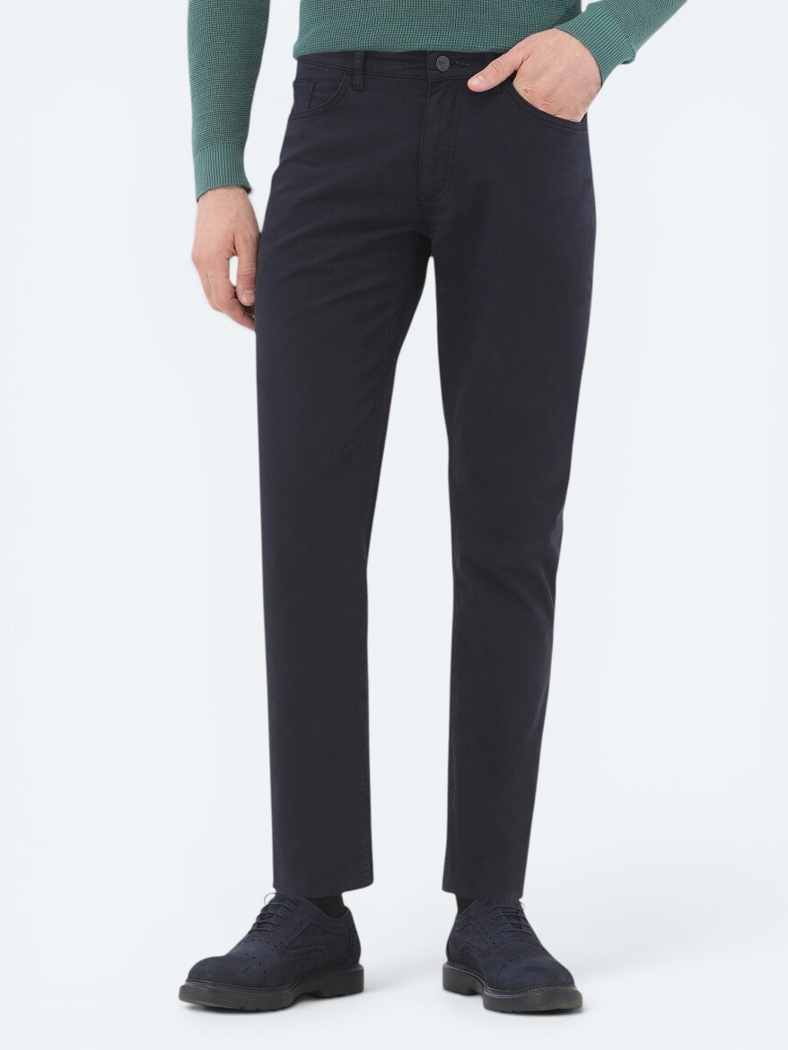 Navy Blue Weaving Slim Fit Casual Cotton Blended Trousers - 2